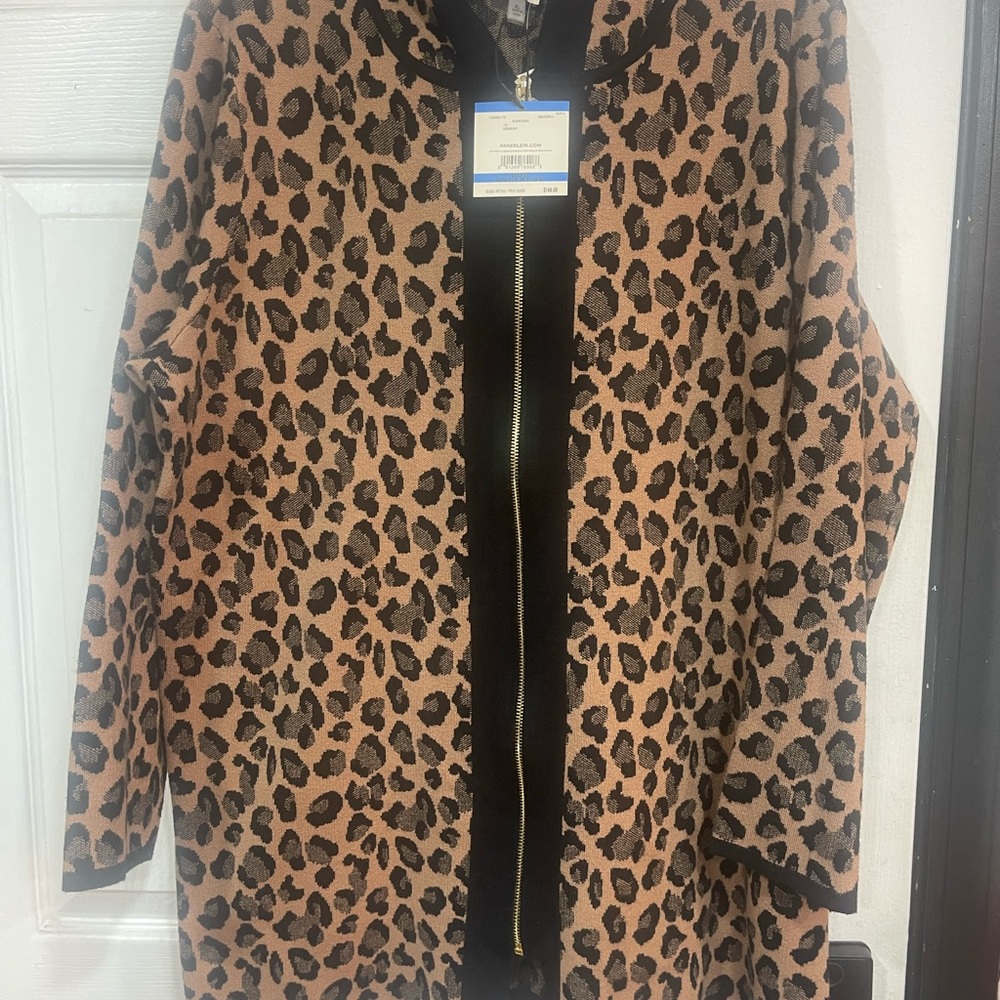 Anne Klein Leopard Print Teddy Jacket with Black Trim